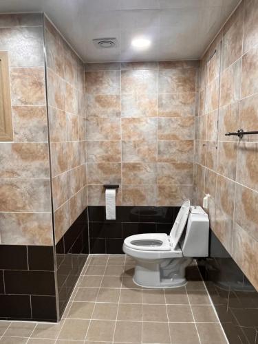 a bathroom with a toilet and a shower at Bellus-Rose Pension Gyeongju in Gyeongju