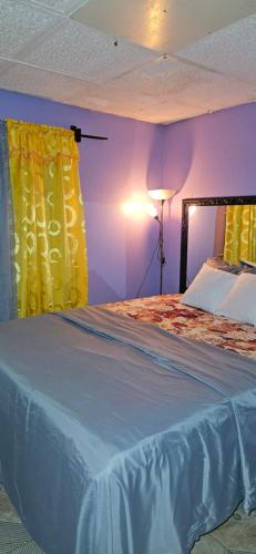 a bedroom with a large bed with a yellow curtain at Livi's Hide-Away! in Spanish Town