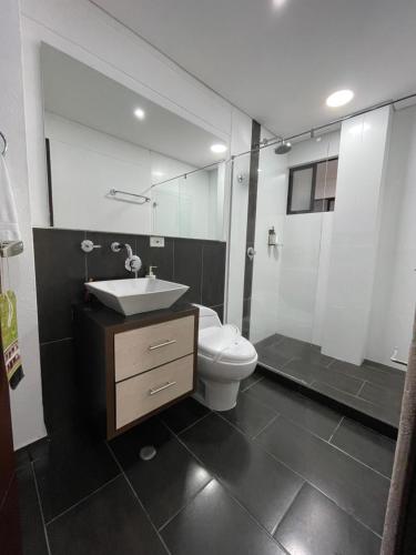 a bathroom with a toilet and a sink and a mirror at Casa Hotel Spa Carolina in Carolina del Principe
