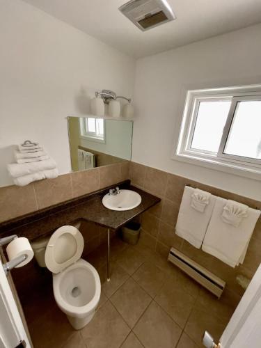 a bathroom with a toilet and a sink and a window at Adams Motel in Sault Ste. Marie