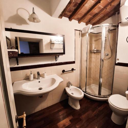 un bagno con lavandino, wc e doccia di A painting for each window with AIR CONDITIONING! a Siena