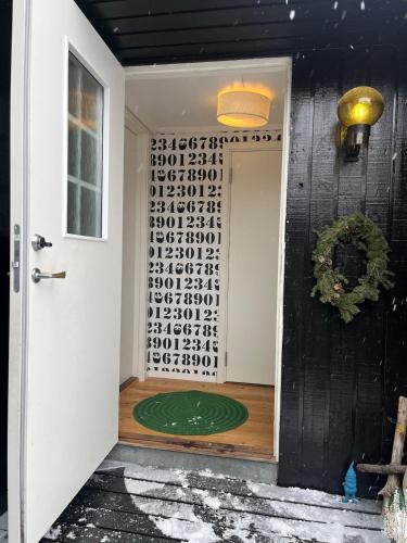 a door to a house with a green rug on the floor at Leilighet i Lillehammer med gratis parkering in Lillehammer
