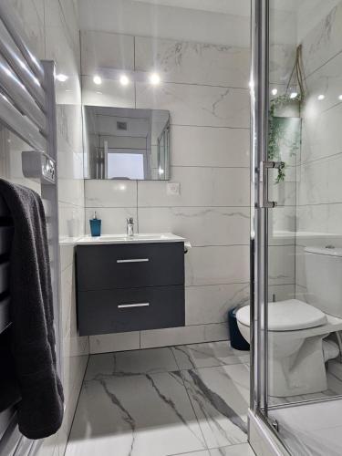une salle de bain blanche avec un lavabo et des toilettes dans l'établissement T2 climatisé magnifique vue port, à Gruissan