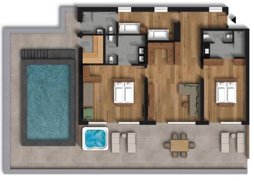 a floor plan of a house with a swimming pool at Tratterhof Mountain Sky Hotel in Maranza