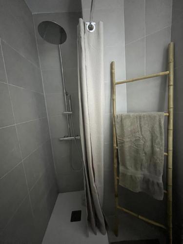 une douche avec un rideau de douche dans une salle de bain dans l'établissement Studio face à la mer, à Canet