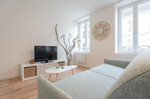 un salon avec un canapé et une télévision dans l'établissement Very nice apartment for 4 people, free parking at Macon Park, à Mulhouse