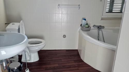 une salle de bain avec toilettes, baignoire et lavabo dans l'établissement Appartement Duplex avec grande Terrasse en face d un ancien moulin a huile d olive ,climatisé 2 chambres, à Grasse