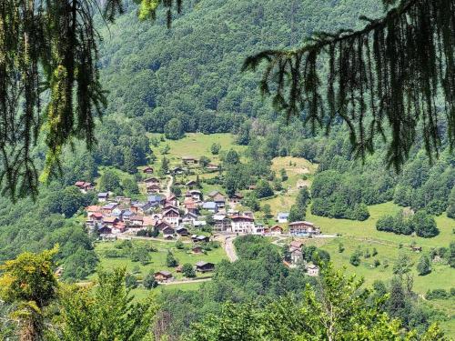 un petit village dans une vallée dans les montagnes dans l'établissement Maison à la montagne Le Moulin Valaisan, à Novel