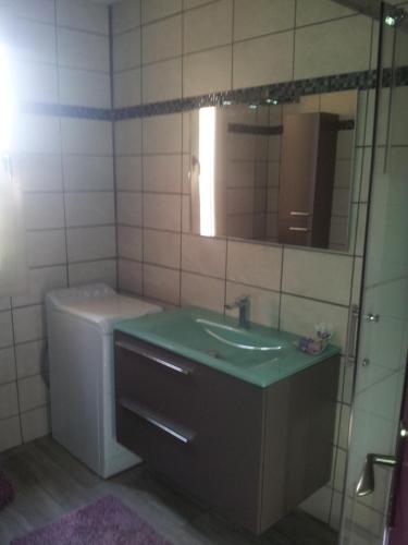 une salle de bain avec un lavabo et un miroir et des toilettes dans l'établissement Mas Gros Pierre, à Maubec