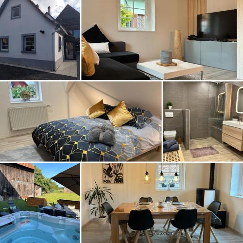 un collage de photos d'une chambre et d'un salon dans l'établissement Charmant Cottage de village, à Wittisheim