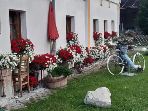 a bicycle parked in front of a building with flowers at Ferienwohnung Familie Weißenbach in Elbigenalp