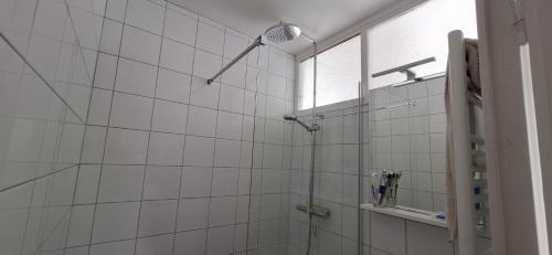 une salle de bain avec une douche avec une porte vitrée dans l'établissement St André Centre Rouen Standing, à Rouen