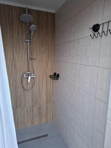 a shower in a bathroom with white tiles at Delta Sunrise in Somova