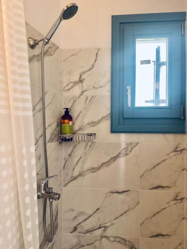 a bathroom with a shower with a glass door at Boutique Village in Leipsoi
