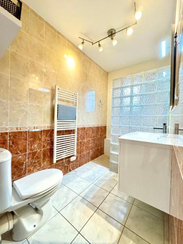 une salle de bain avec toilettes et lavabo dans l'établissement Maison avec piscine-climatisation-jardin, à Ventenac en Minervois
