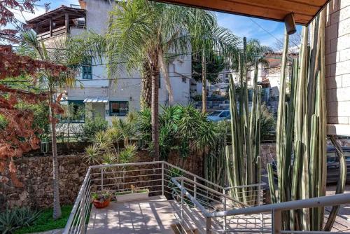 a patio with palm trees and a building at Kinneret View Six Bedrooms in Tiberias