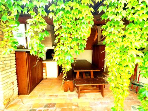 a wooden bench and a table under a tree at Gamm Simius Home Holiday in Villasimius