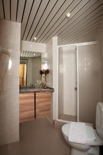 a bathroom with a toilet and a shower and a sink at Yuvam Prime Beach Hotel in Marmaris