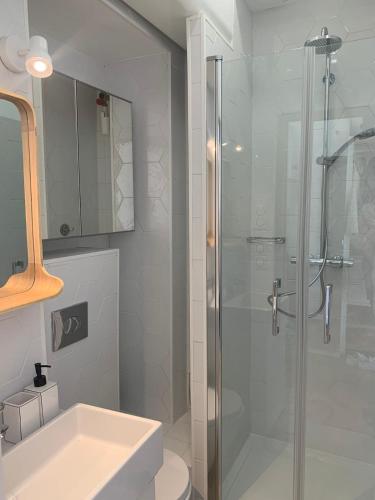 une salle de bain avec une douche en verre et un lavabo dans l'établissement Studio centre ville, parking, balcon, piscine, à Aix-les-Bains