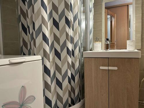 une salle de bain avec un lavabo et un rideau de douche dans l'établissement SP310-013 Maison studio mezzanine 4 couchages SAINT PIERRE LA MER, à Saint Pierre La Mer