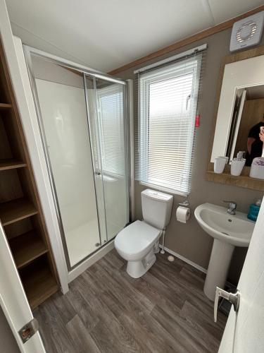 a bathroom with a toilet and a shower and a sink at Palm Grove 19 - Golden Palm - Central Heating, WiFi, pet friendly, bed linen - Meadow Lakes Caravan & Lodge Hire in Chapel Saint Leonards