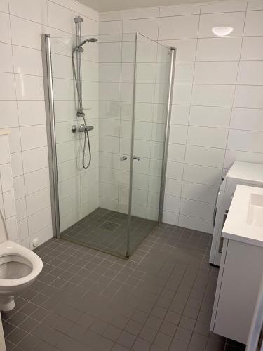 a bathroom with a shower and a toilet at Nice apartment in modern complex near Old Bergen in Bergen