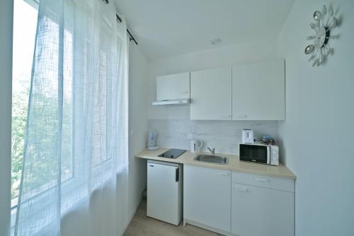 une cuisine blanche avec un évier et un micro-ondes dans l'établissement Super studio 6 new quiet close to thé center, à Mulhouse