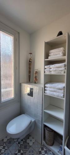 La salle de bains est pourvue de toilettes et d'une étagère avec des serviettes. dans l'établissement Maison de ville avec patio, à Trouville-sur-Mer
