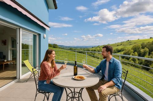 un homme et une femme assis à une table avec des verres à vin dans l'établissement JANÉA Deep Red House, à Reichsfeld