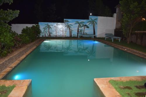 a pool with blue lights in a backyard at night at Kili Kivuli in Msaranga