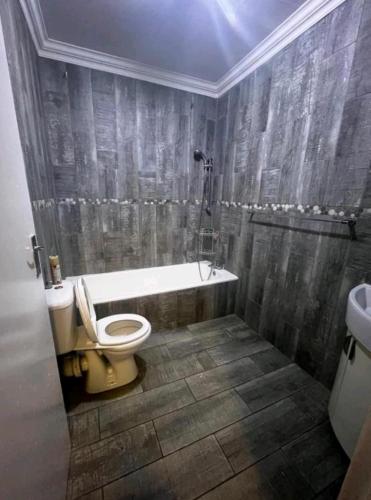 a bathroom with a toilet and a tub and a shower at Phindulo Bed and Breakfast - No Loadshedding, Smart TVs & unlimited free fibre wifi in Krugersdorp