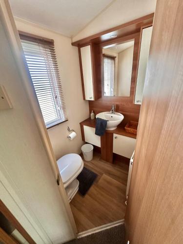 a bathroom with a toilet and a sink at 2-Bedroom Caravan Located in Uddingston, Glasgow at Maryville Caravan Site in Uddingston