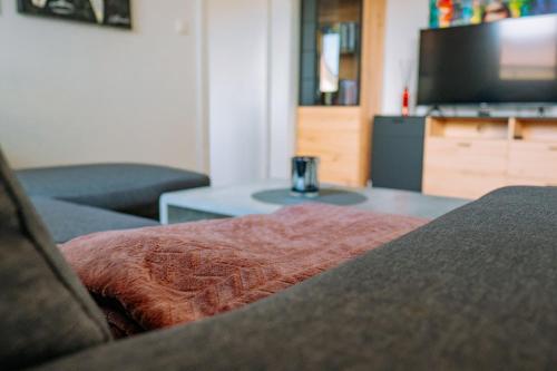 a living room with a couch and a table at TAMLiving Südsteiermark in Obergralla