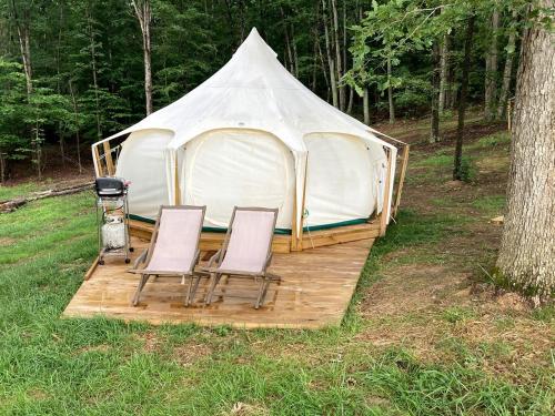 a tent with two chairs and a grill in a field at Gorgeous Virginia Retreat on a Farm with Spectacular Views in Gordonsville