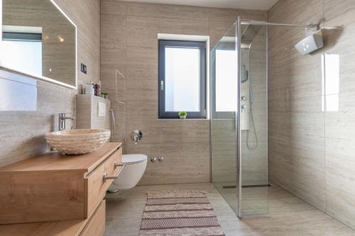 a bathroom with a shower and a toilet and a sink at Villa Shanti, a luxurious and modern Villa surrounded by nature in Santalezi