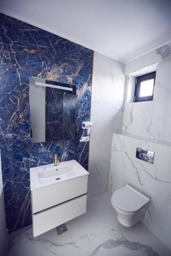 a bathroom with a sink and a toilet at Hotel Alexandra in Mamaia
