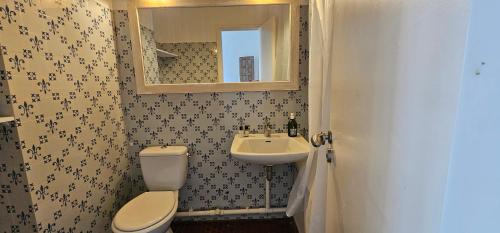 une salle de bain avec un lavabo, des toilettes et un miroir dans l'établissement La Plage Grand Appt vue mer, à Grimaud