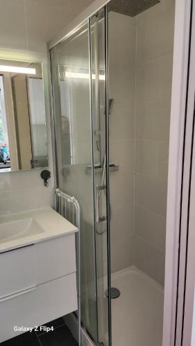 une salle de bain avec une douche en verre et un lavabo dans l'établissement Studio neuf avec terrasse, à Saint-Pierre-Quiberon