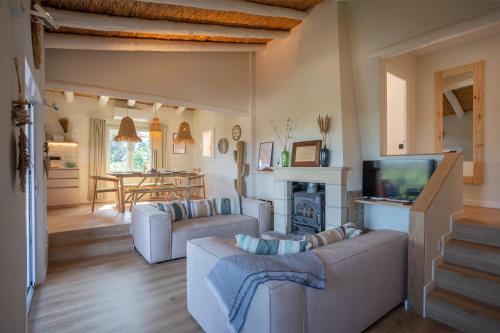a living room with two couches and a fireplace at Picasso Mountain View Begur in Begur