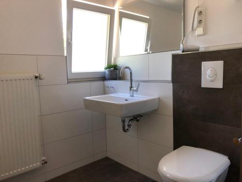 a bathroom with a sink and a toilet and a window at Mathilde - Lastering Ferienhäuser & Apartments in Wettringen