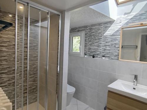 a bathroom with a shower and a toilet and a sink at La maison du Trieux in Lézardrieux