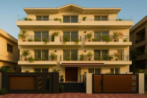 an apartment building with plants on the balconies at Travelling Troopers Homestay in Varanasi