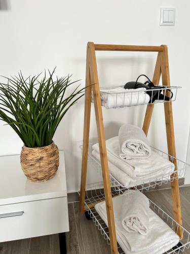 ナザレにあるMy beach's Apartments Nascenteのタオルが置かれた棚とテーブルの上に置かれた植物