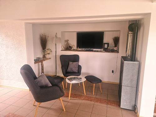 a living room with two chairs and a tv at Pension Landhaus Koller - Adults only in Bodenmais