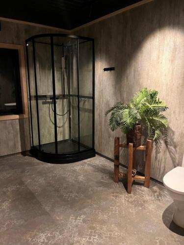 a bathroom with a glass shower and a toilet at Hjelvikhytta - flott beliggenhet ved sjøen in Hjelvik