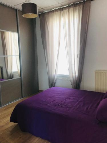 une chambre avec un lit violet et une fenêtre dans l'établissement Appartement avec grande terrasse plein sud, à Perpignan