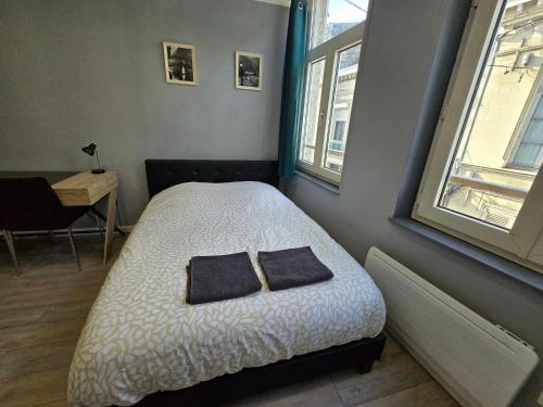 une chambre avec un lit avec deux oreillers dessus dans l'établissement appartement hypercentre 301 +WIFI+INDEPENDANT+ CUISINE TOILETTE SALLE DE BAIN PRIVATIVE, à Valenciennes