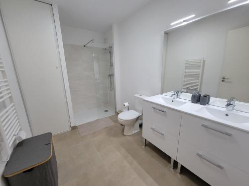 une salle de bain avec toilettes, lavabo et douche dans l'établissement Le Terra Tosca, bel appartement, 2 pas de la plage, à Fréjus