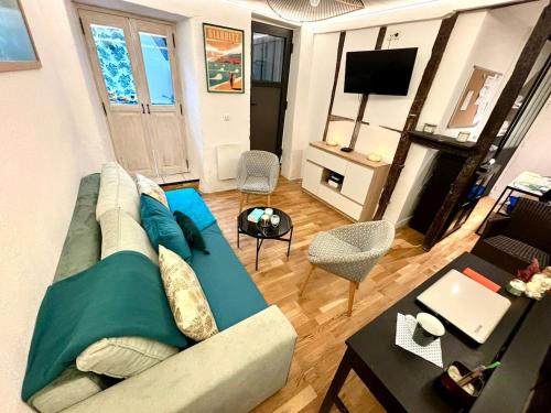 比亚里茨Confort, halles et plage à pied Biarritz centre的带沙发和电视的客厅