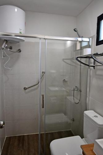 a bathroom with a glass shower with a toilet at Trinidad Inn Flores in Trinidad